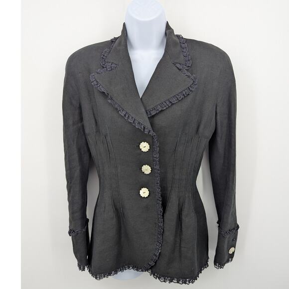 Vintage Black Lace Trim Blazer with Floral Mother-of-Pearl Buttons Size Small - Picture 2 of 11